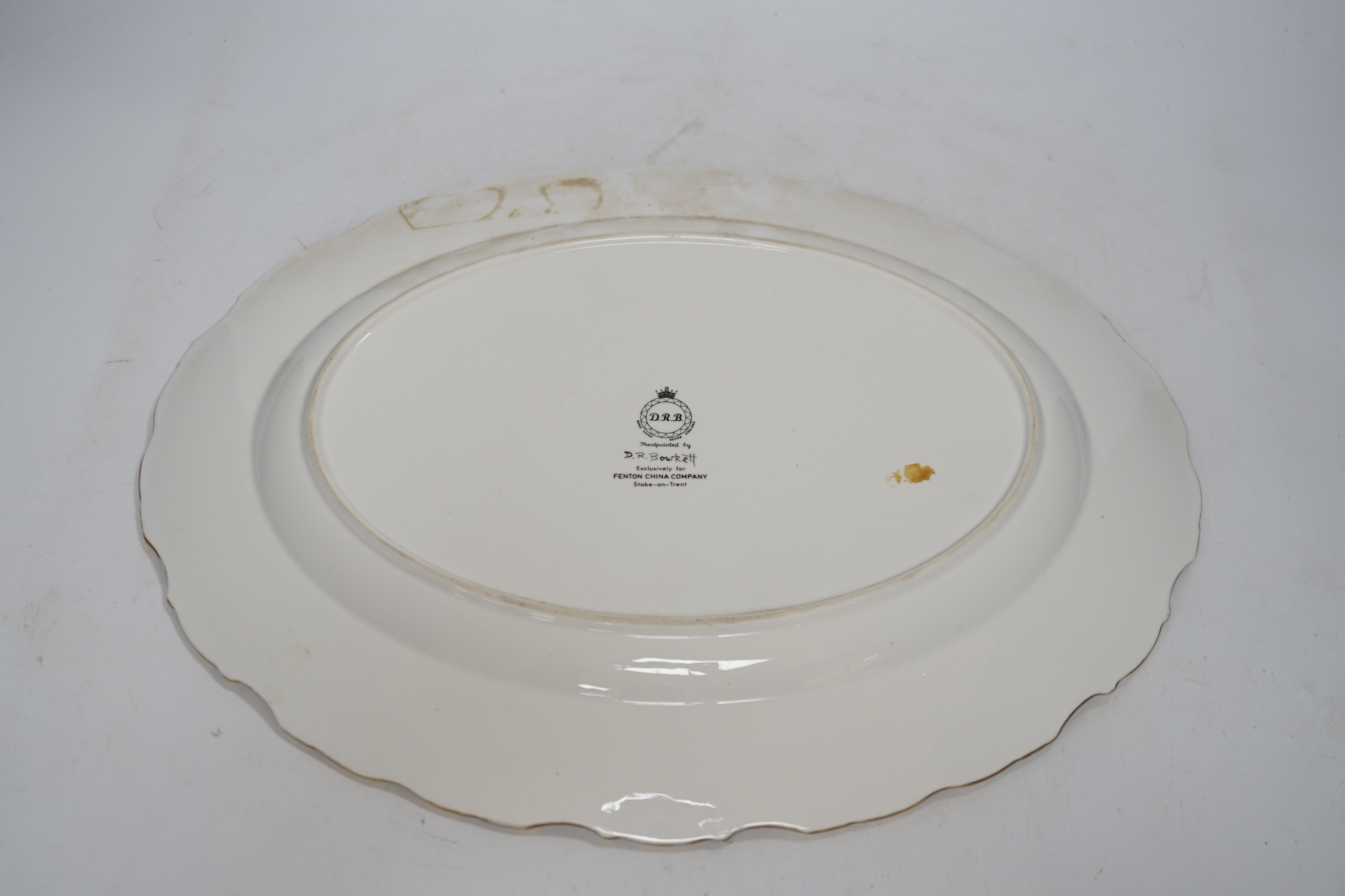 A Fenton porcelain cabinet tray painted by David R. Bowkett, 38cm wide. Condition - fair to good, some cleaning required